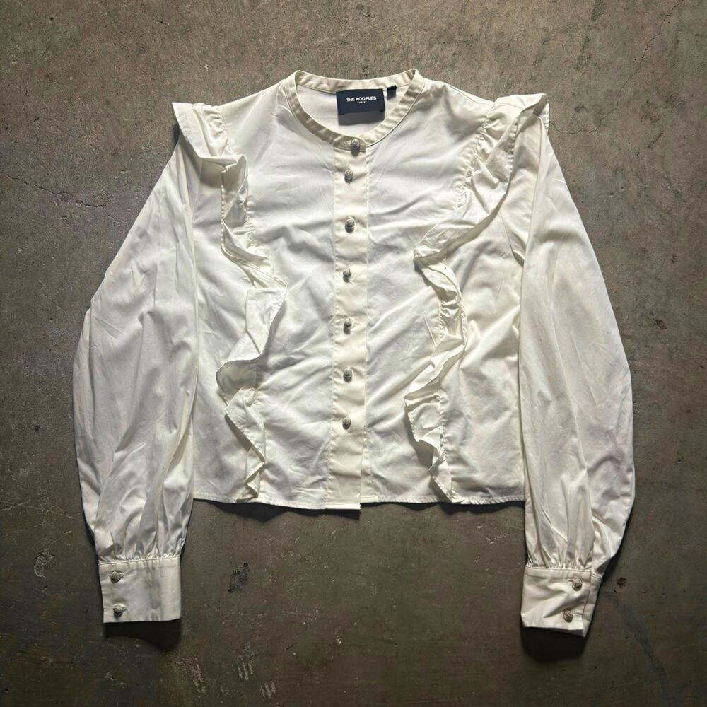 The Kooples White Ruffle Button Front Long Sleeve Round Neck Blouse Size 1